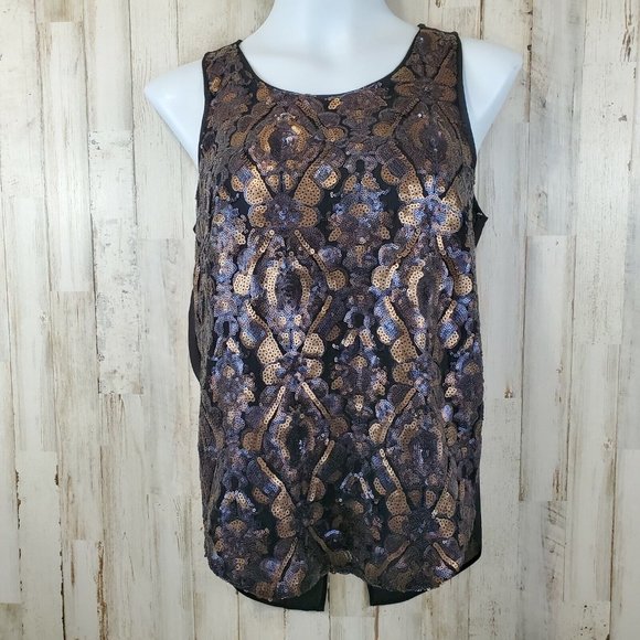 5/$25 Forever 21 Top XS Black Sequined Sheer Split Back Sleeveless Evening AM12 - Picture 1 of 5